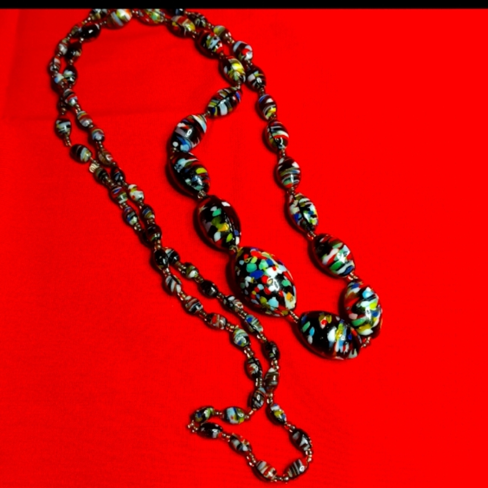 Antique 1930s  Murano Speckled Multicoloured Glass End of Day Necklace 33"